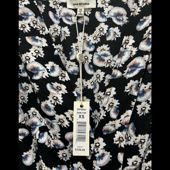 Max Studio Womens Floral Flutter Sleeve Midi Dress Black XS NWT $128 - Picture 3 of 3